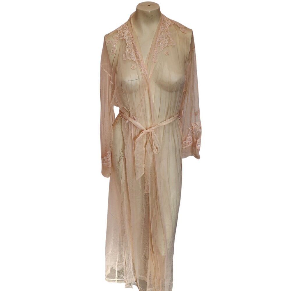 Victoria Secret Sheer Lace Robe Blush Pink Long Bridal Lingerie XS S